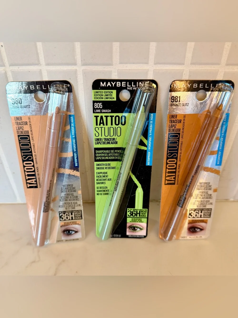Maybelline NEW Tattoo Studio 36 Hour Gel Eye Liners. Bronze/Rose/ Lime